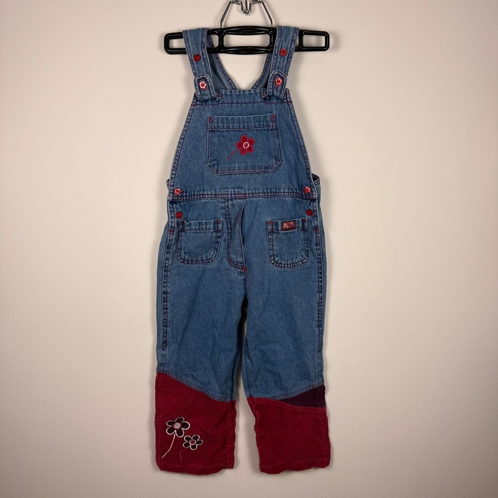 Vintage Kids Blue Denim Red Corduroy Colorblock Flower Overalls Size 3T